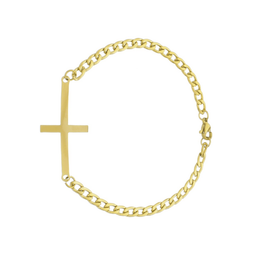 Pulseira Masculina com Pingente de Cruz em Inox - Dourado