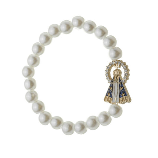 Pulseira de Nossa Senhora Aparecida com Elástico e Conta Pérola - Branco